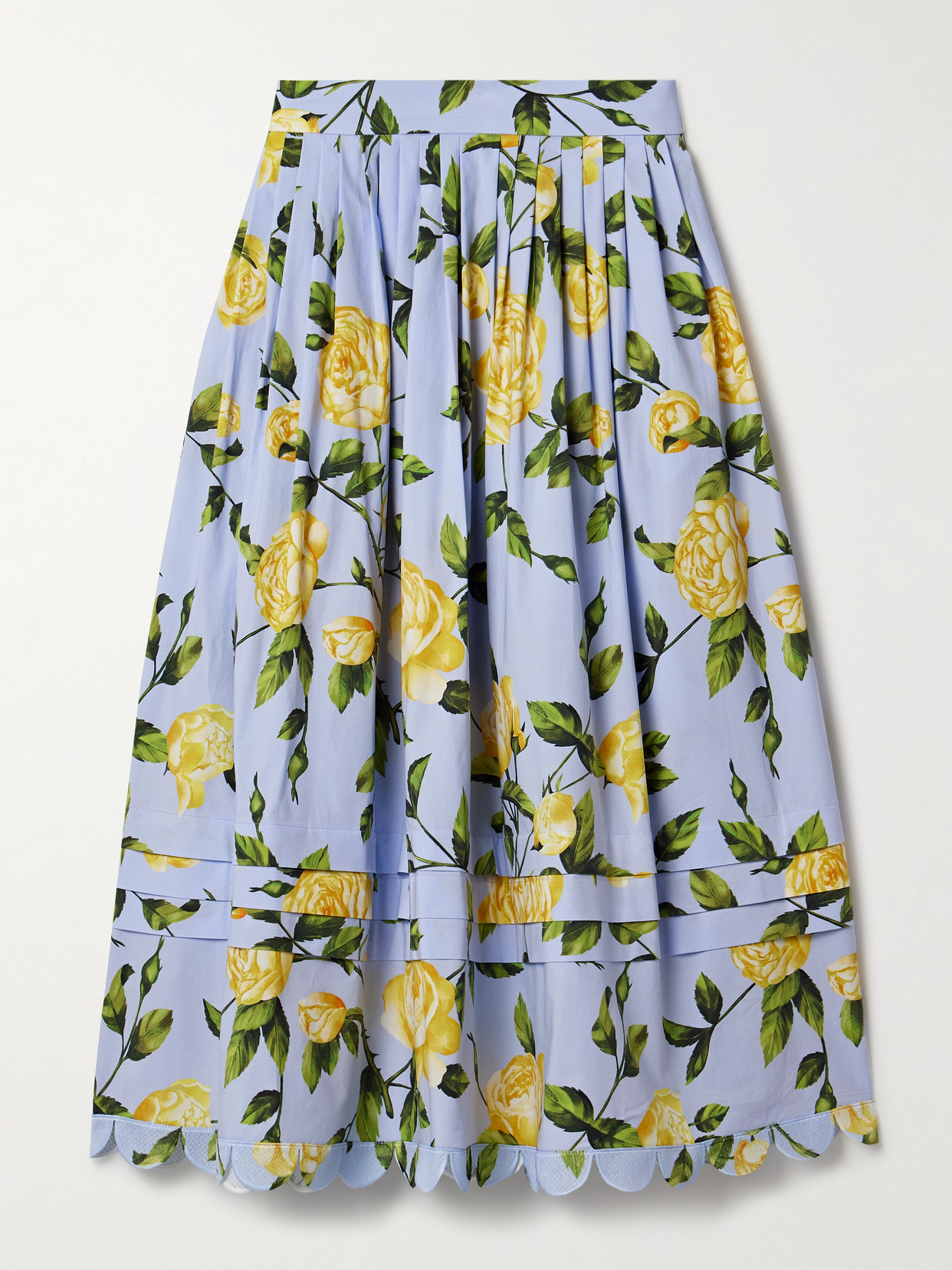 Oscar De La Renta Pleated Floral-print Cotton-blend Poplin Midi Skirt In Blue