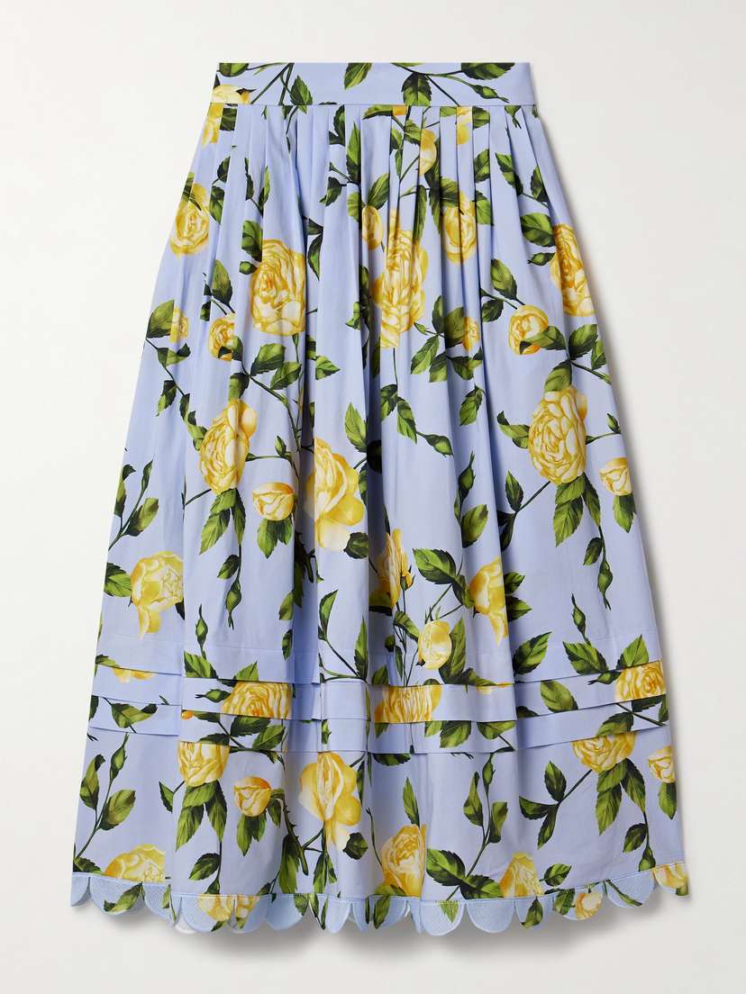 Oscar de la Renta Pleated Floral-print Cotton-blend Poplin Midi Skirt