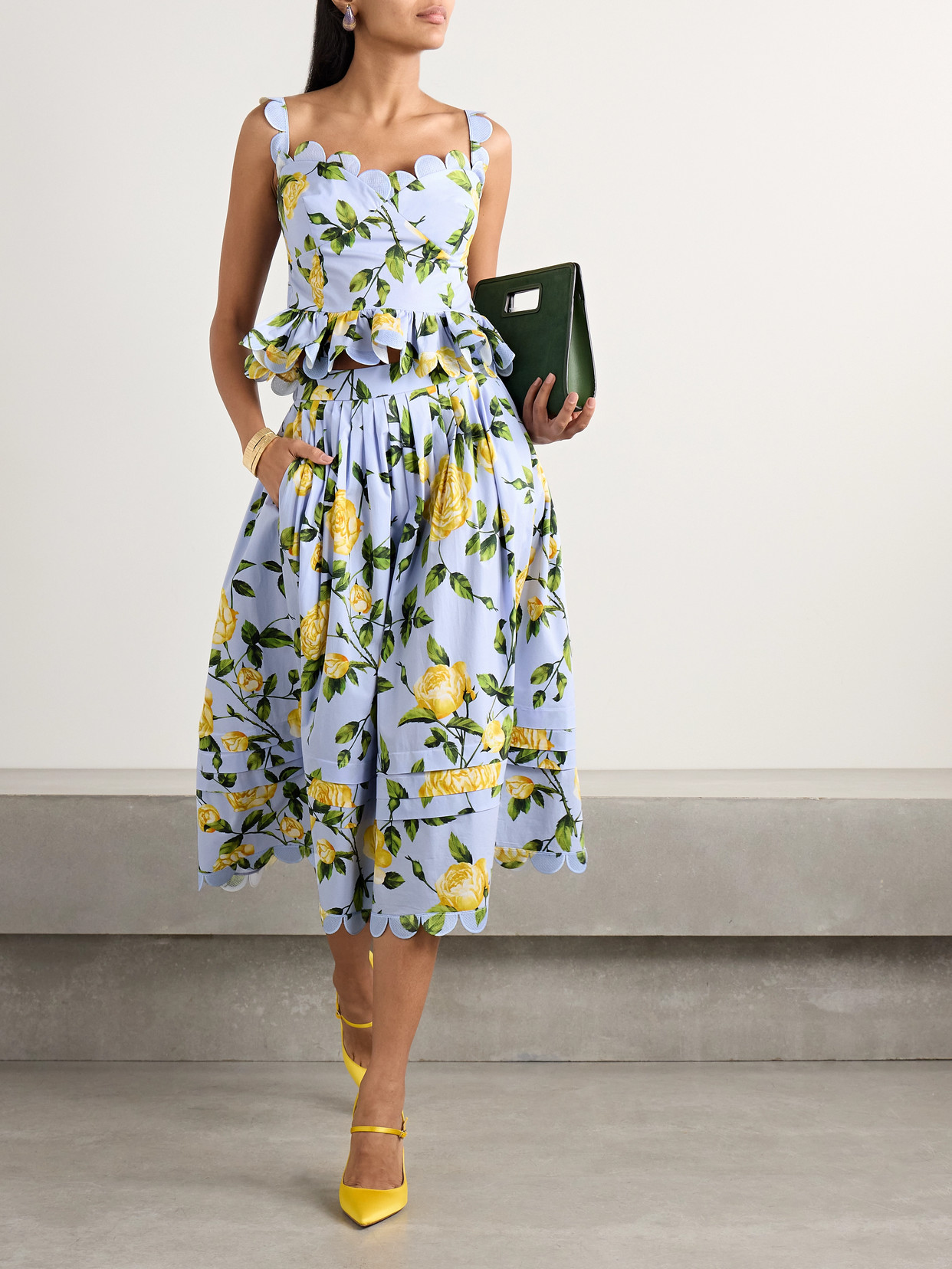 Oscar De La Renta Pleated Floral-print Cotton-blend Poplin Midi Skirt In Blue