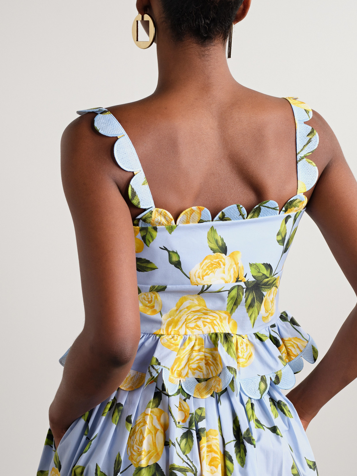 Cropped Scalloped Floral-Print Cotton-Blend Poplin Top