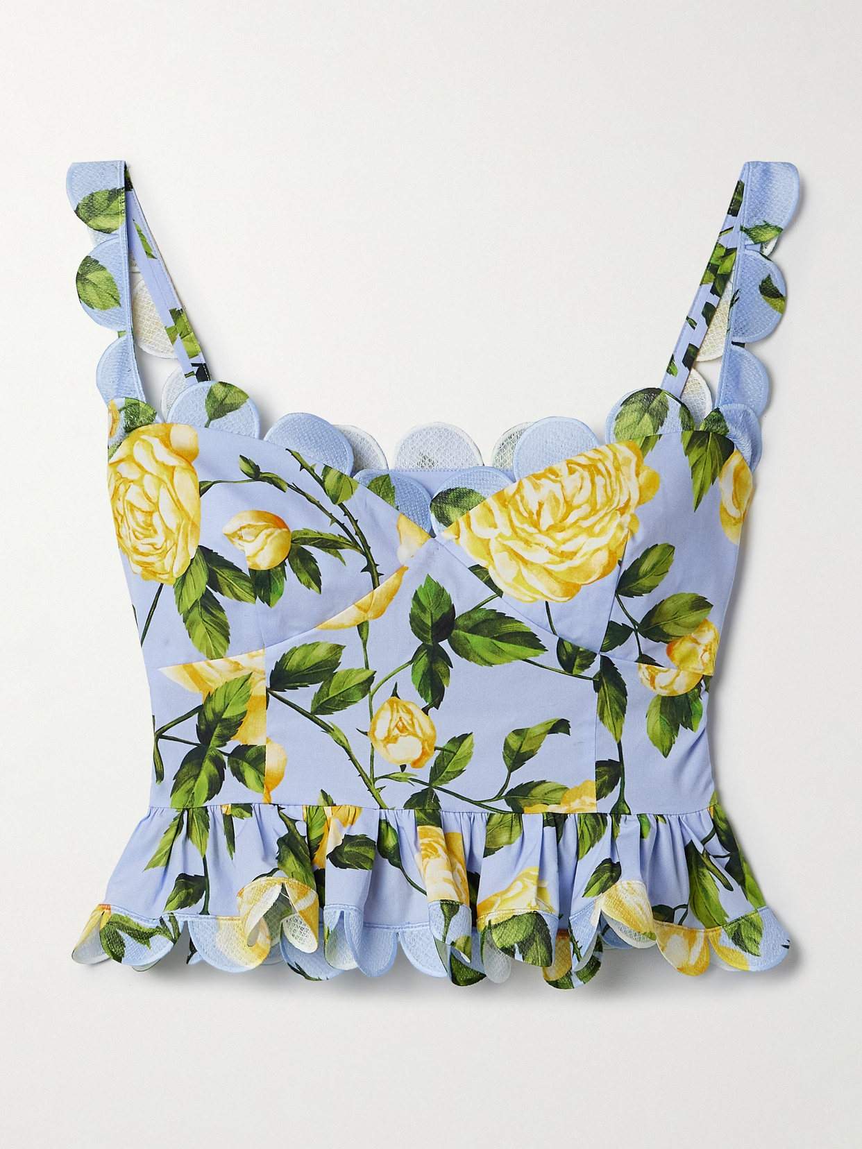Oscar De La Renta Cropped Scalloped Floral-print Cotton-blend Poplin Top In Blue