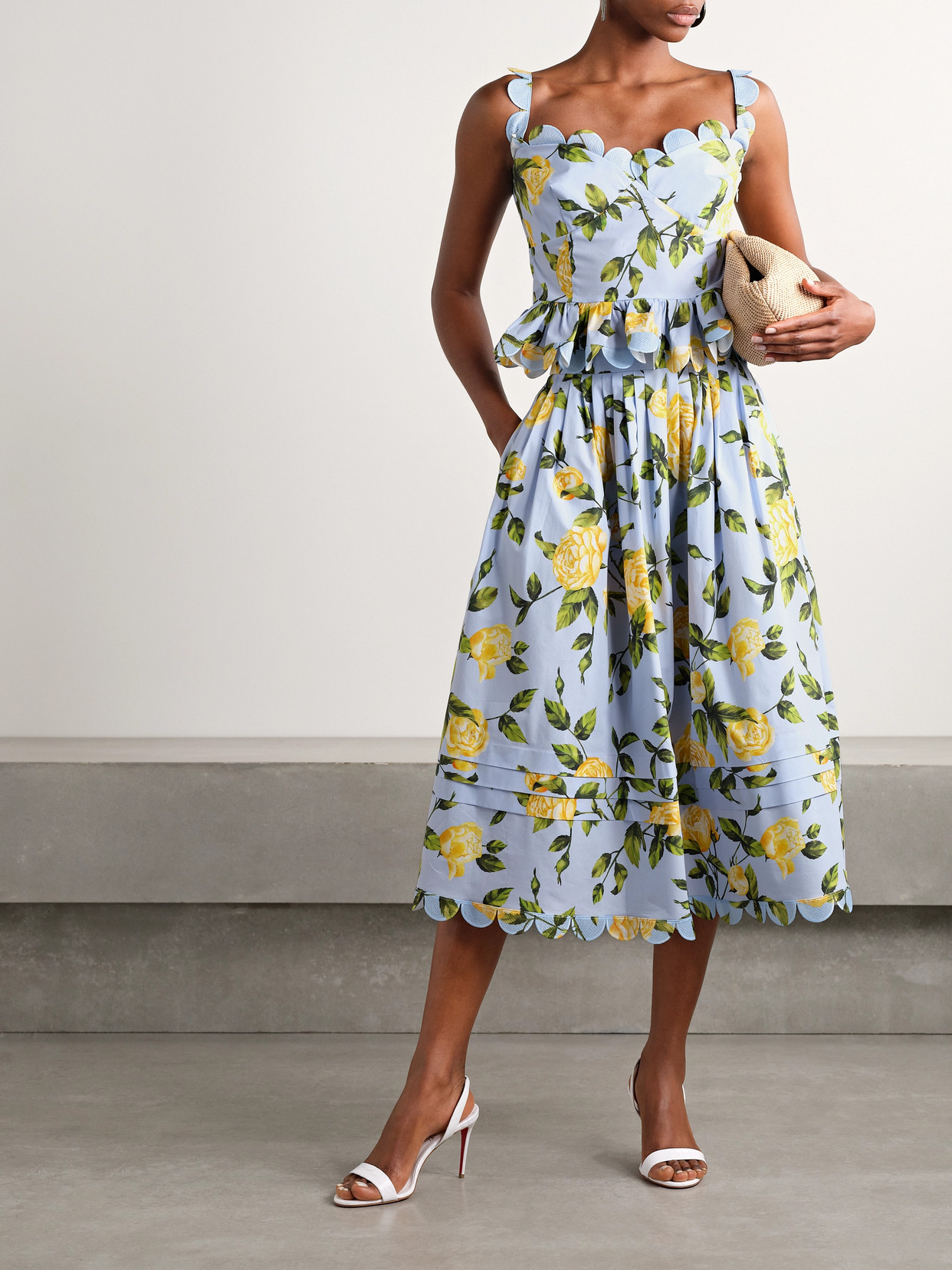 Cropped Scalloped Floral-Print Cotton-Blend Poplin Top