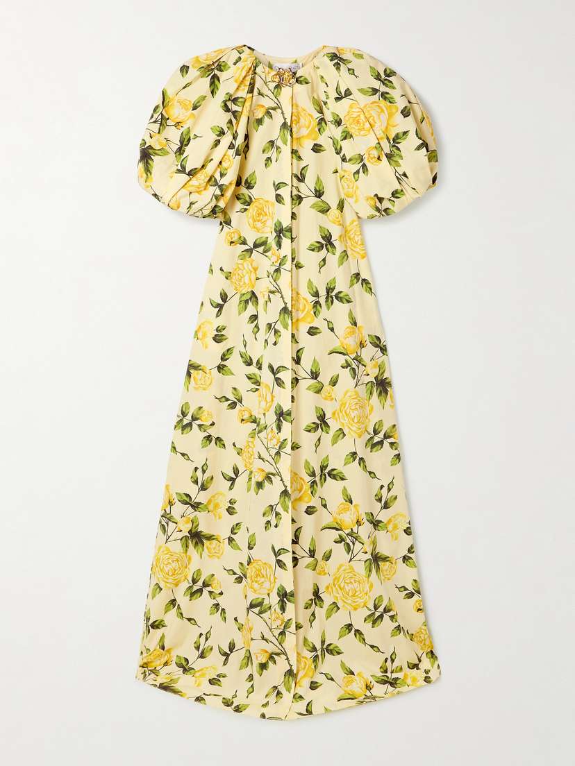Oscar de la Renta Embellished Gathered Floral-print Cotton-blend Poplin Gown