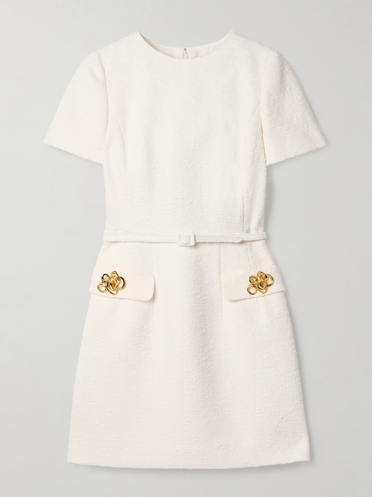 Oscar De La Renta Belted Embellished Cotton-blend Tweed Mini Dress In Ivory