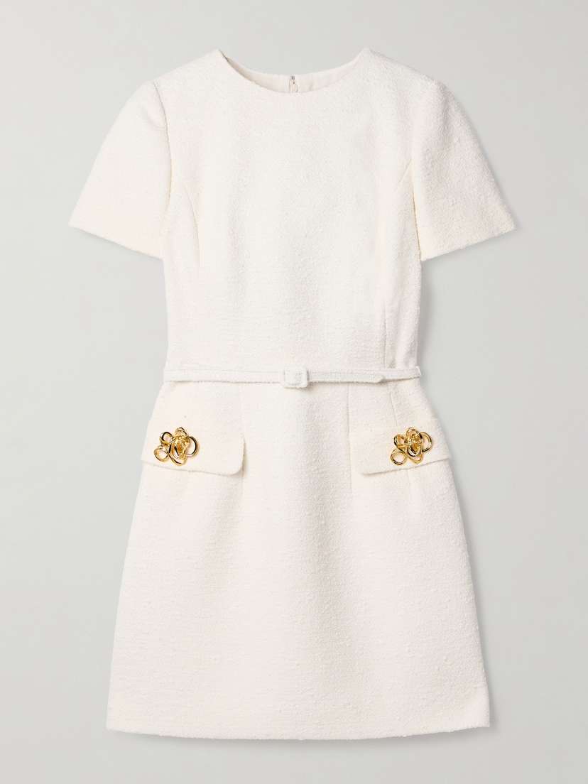 Oscar de la Renta Belted Embellished Cotton-blend Tweed Mini Dress