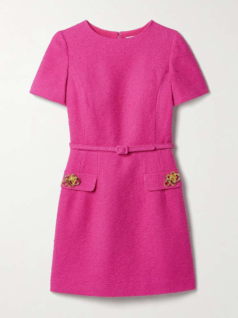 Oscar de la Renta Belted Embellished Cotton-blend Tweed Mini Dress