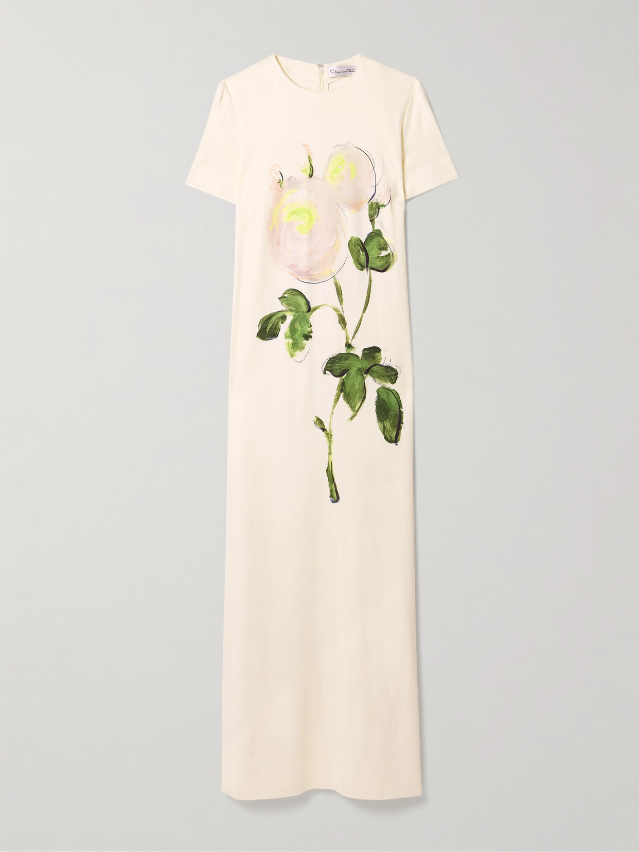 Oscar De La Renta Painted White Roses Jersey Short-sleeve Maxi Dress In White/ivory