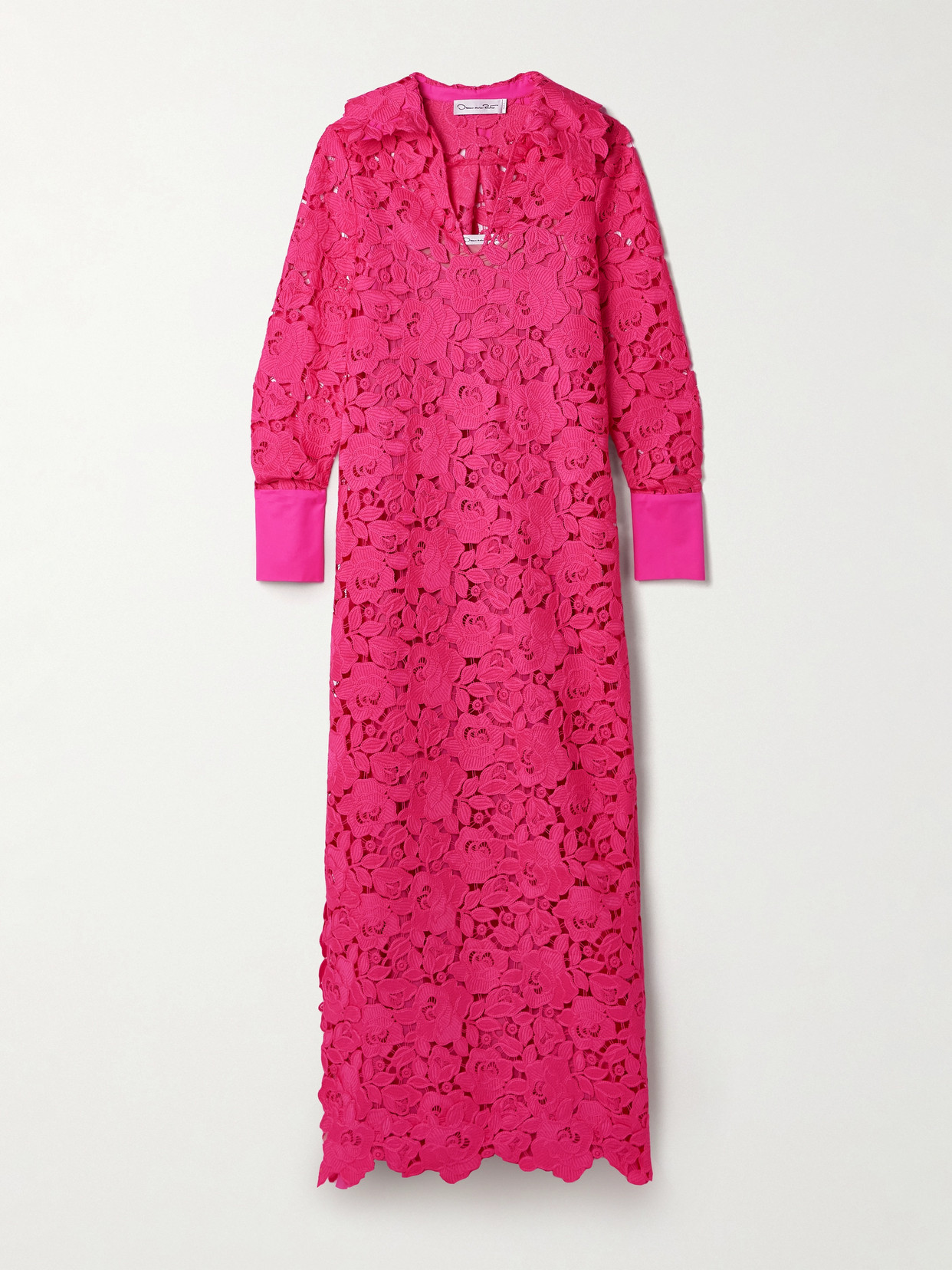 Oscar De La Renta Poplin-trimmed Guipure Lace Maxi Shirt Dress In Pink