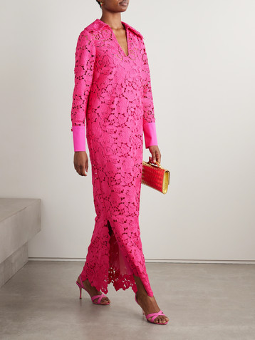 Oscar de la Renta Poplin-trimmed guipure lace maxi shirt dress