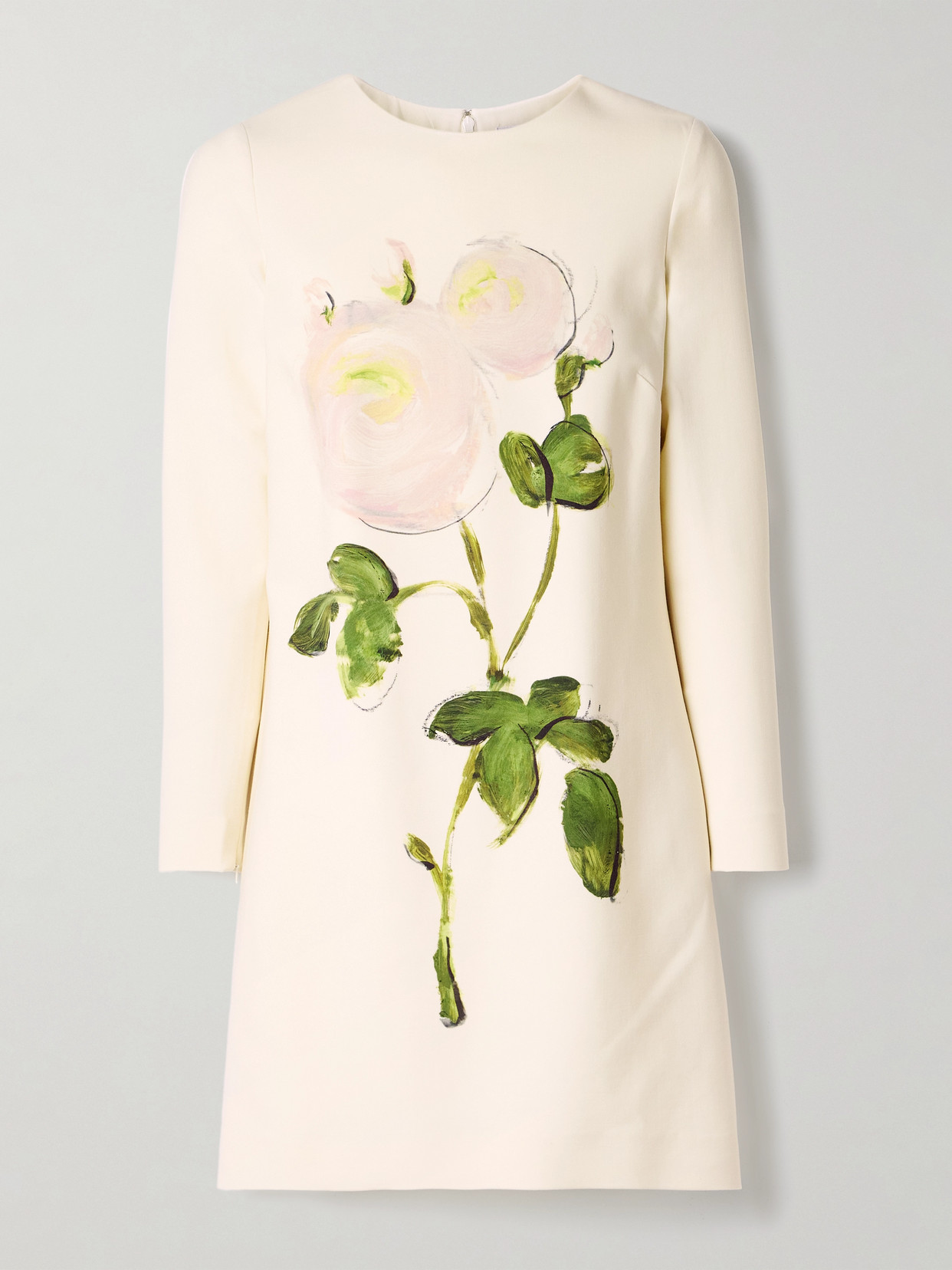 Oscar De La Renta Painted Rose Long Sleeve Wool Blend Shift Dress In Off-white