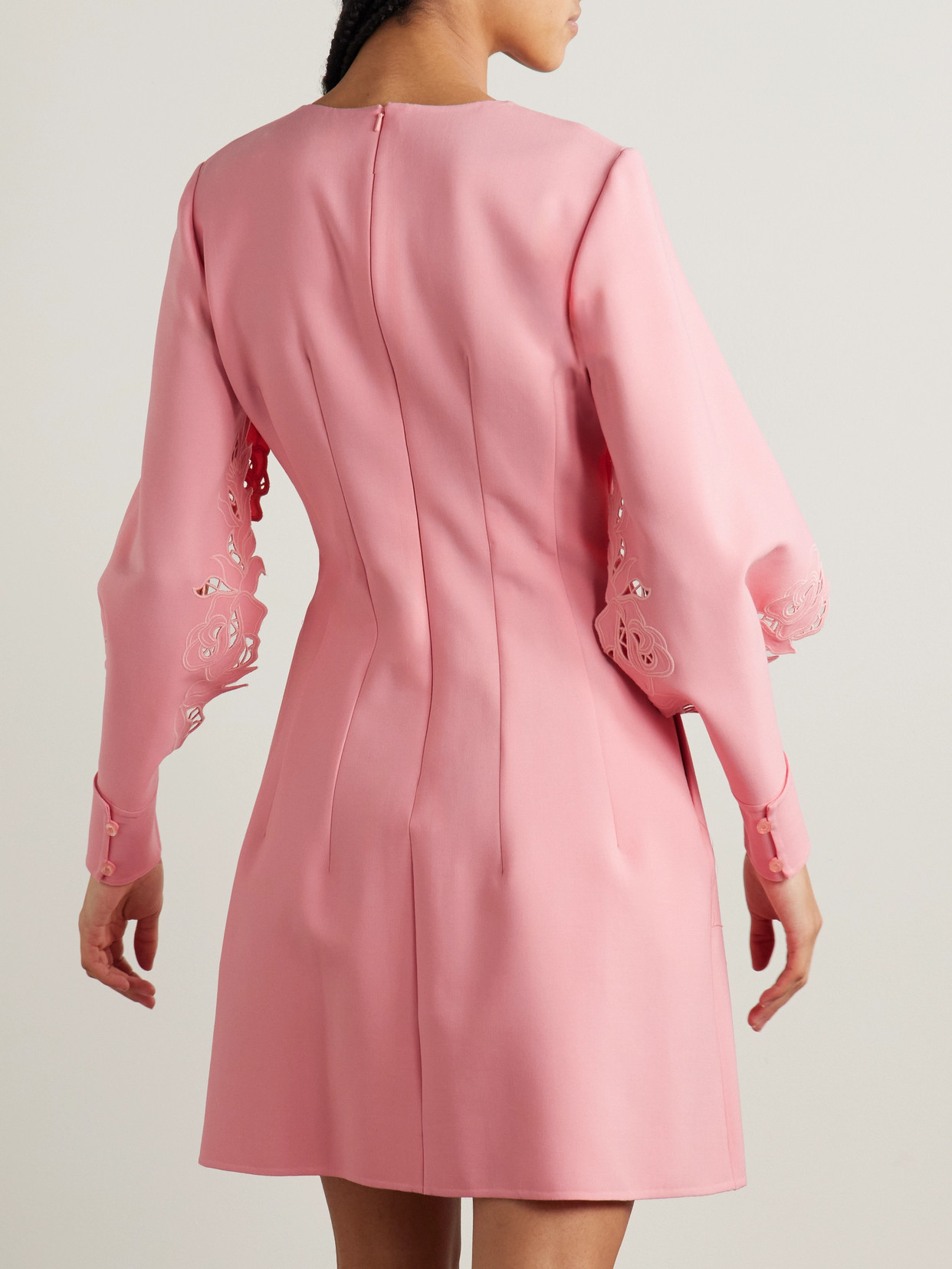 Oscar De La Renta Cutout Guipure Lace-trimmed Wool-blend Crepe Mini Dress In Pink