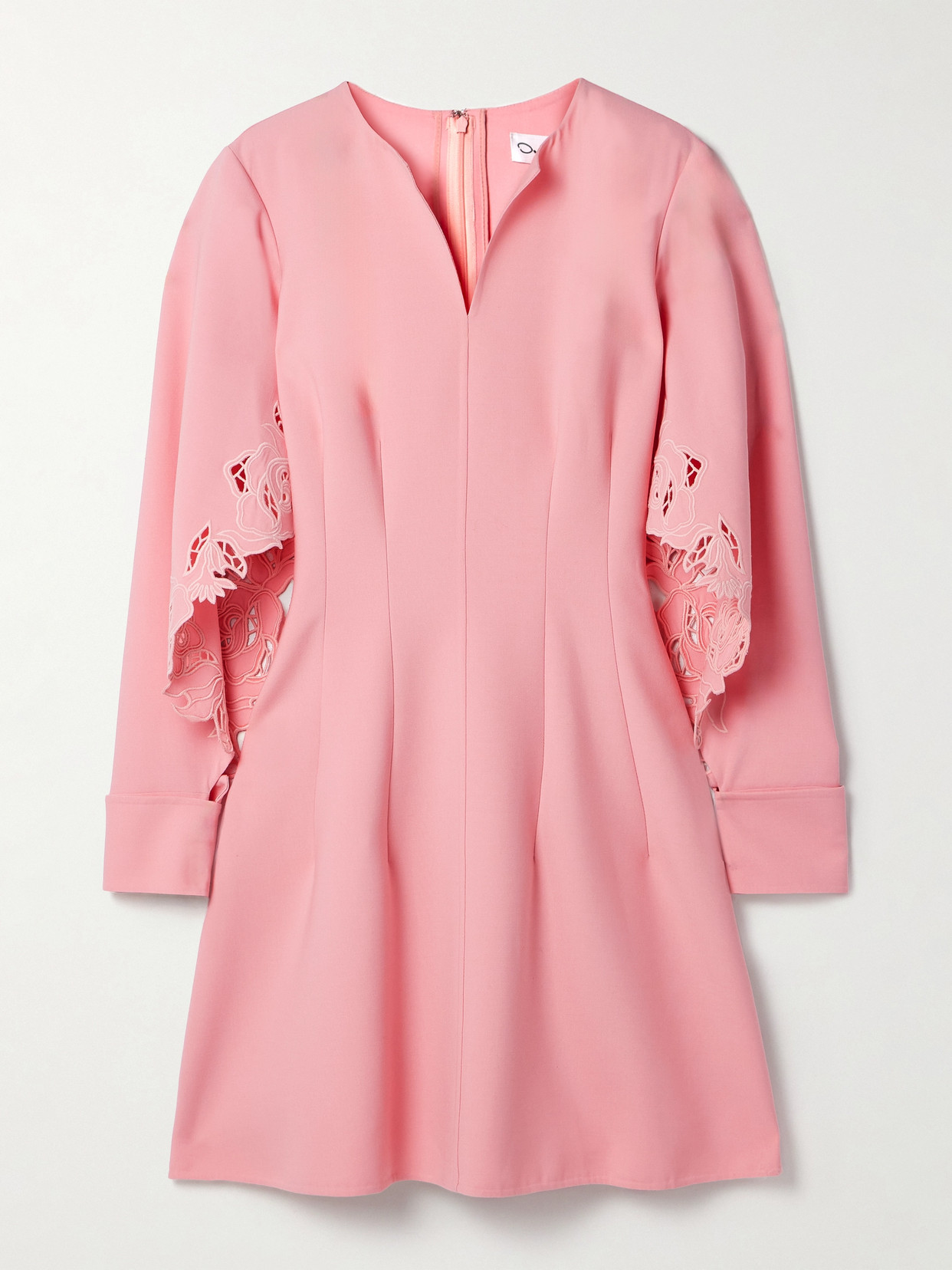 Oscar De La Renta Cutout Guipure Lace-trimmed Wool-blend Crepe Mini Dress In Pink