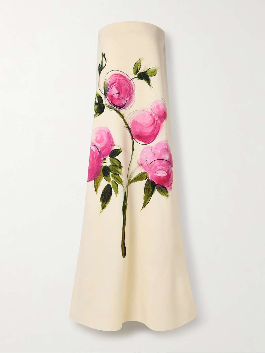 strapless floral-print wool-blend crepe gown
