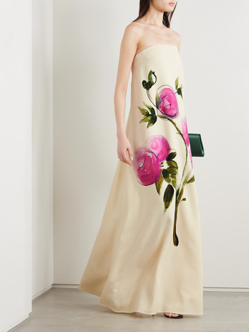 Oscar de la Renta Strapless floral-print wool-blend crepe gown