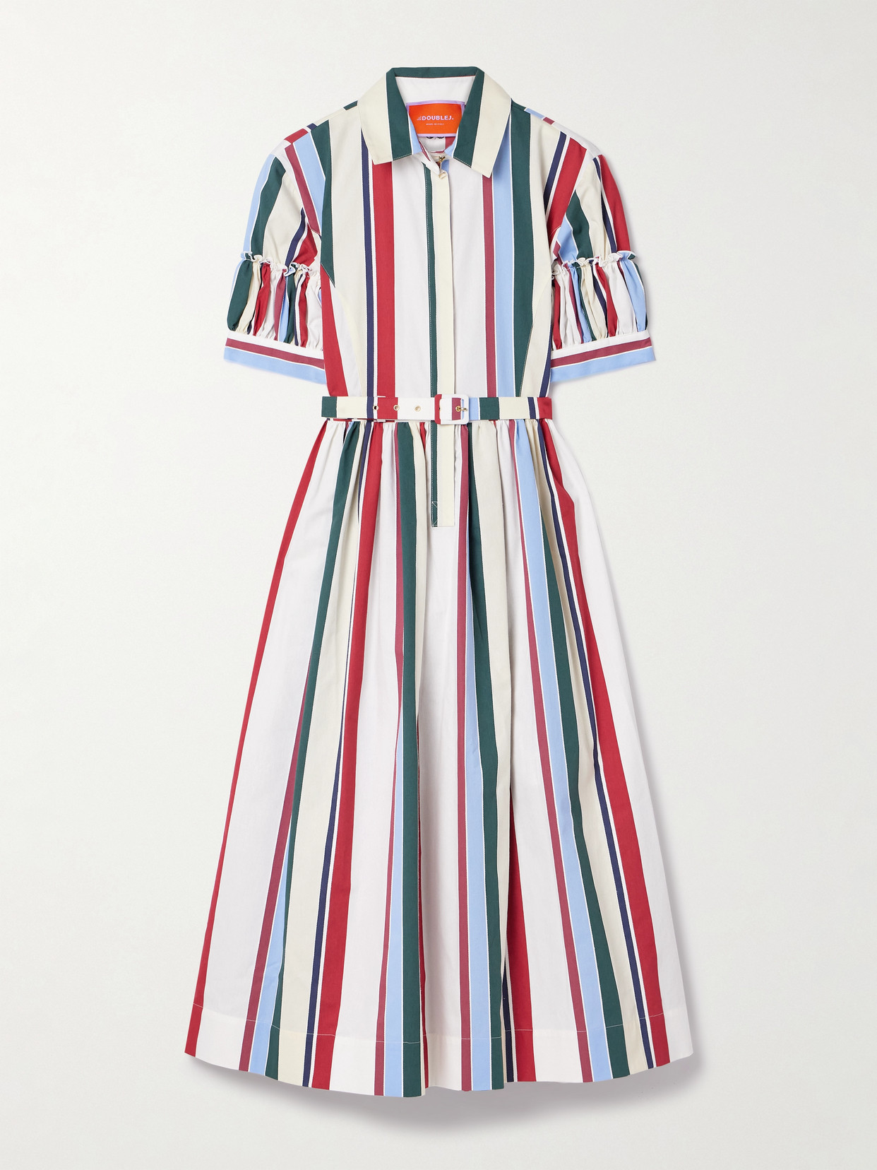La Doublej Libertine Belted Gathered Striped Cotton-blend Poplin Midi Shirt Dress