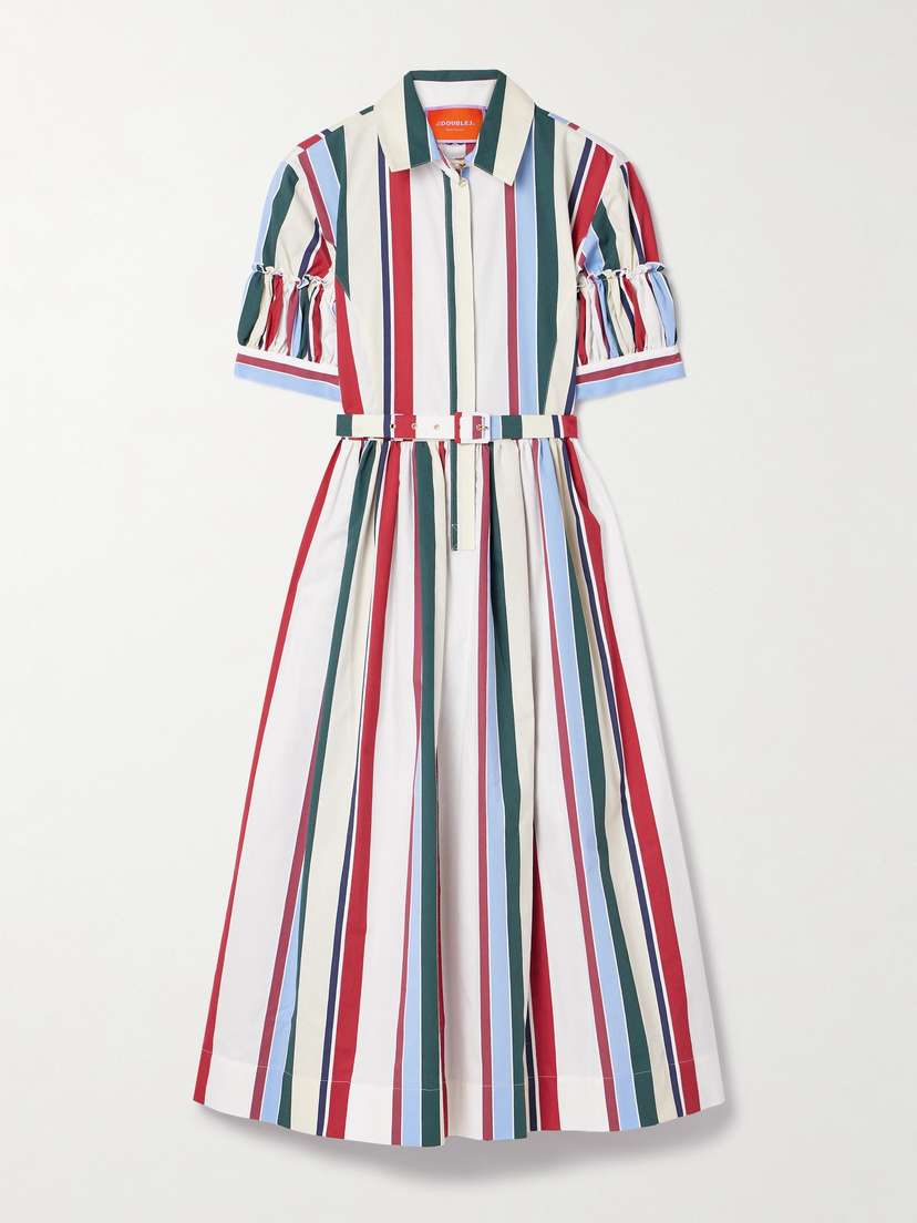 La DoubleJ Libertine Belted Gathered Striped Cotton-blend Poplin Midi Shirt Dress
