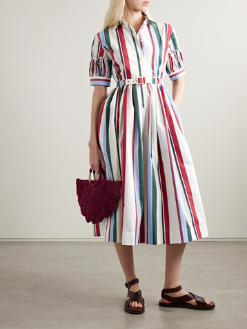 La DoubleJ Libertine belted gathered striped cotton-blend poplin midi shirt dress