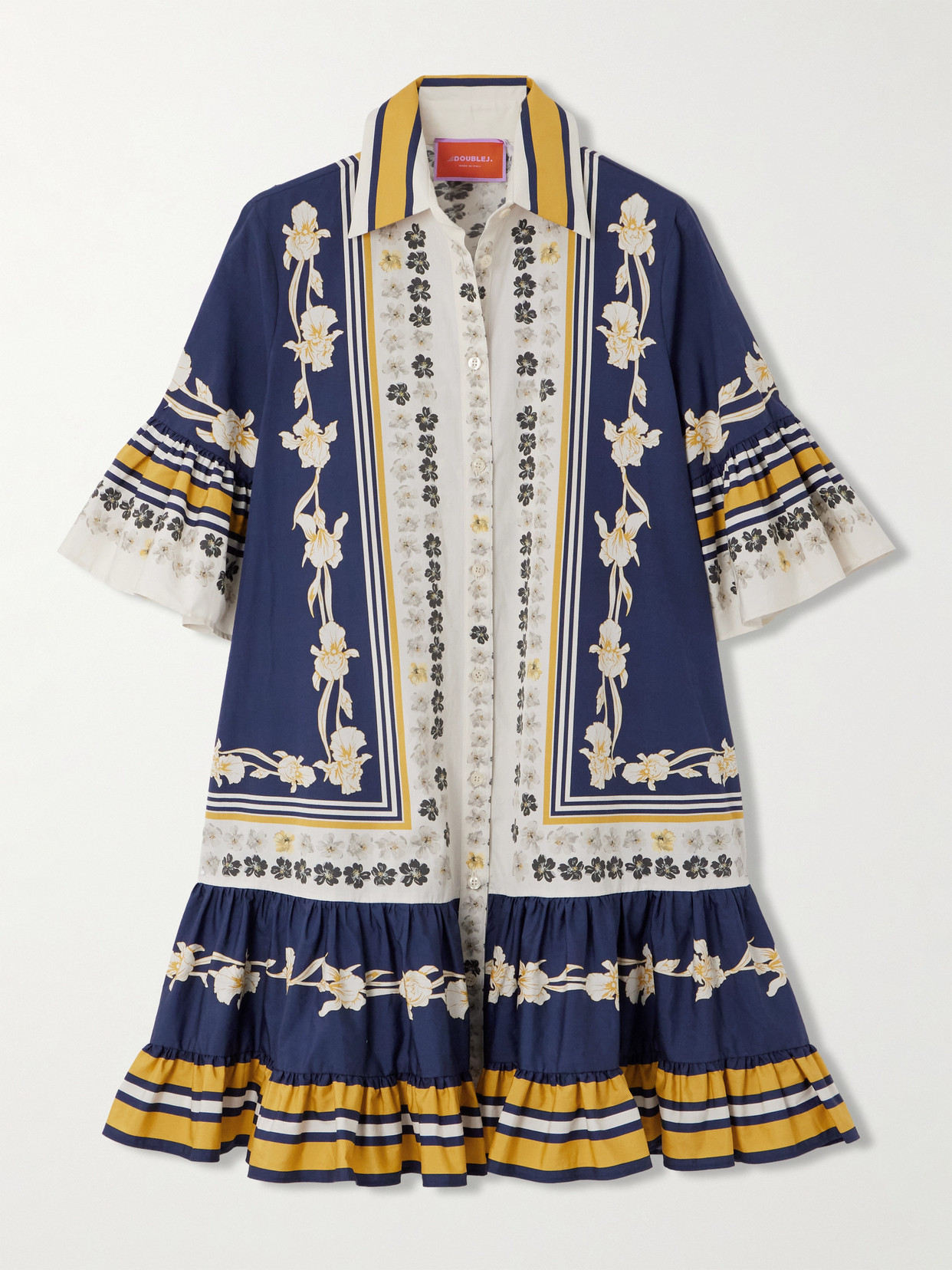 La Doublej Choux Printed Cotton-poplin Mini Shirt Dress In Blue