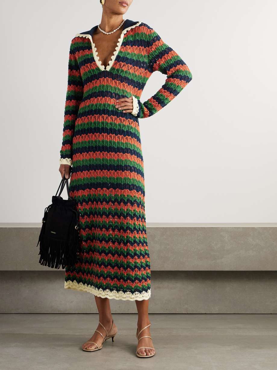 perry scalloped striped cotton midi dress