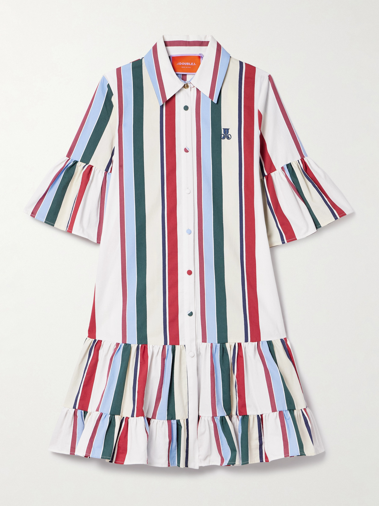 La Doublej Choux Ruffled Striped Cotton-blend Mini Dress In Ivory
