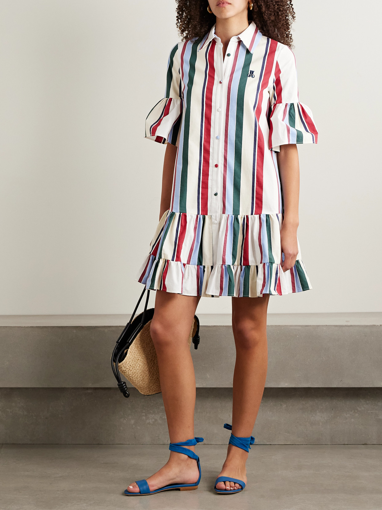 La Doublej Choux Ruffled Striped Cotton-blend Mini Dress In Ivory