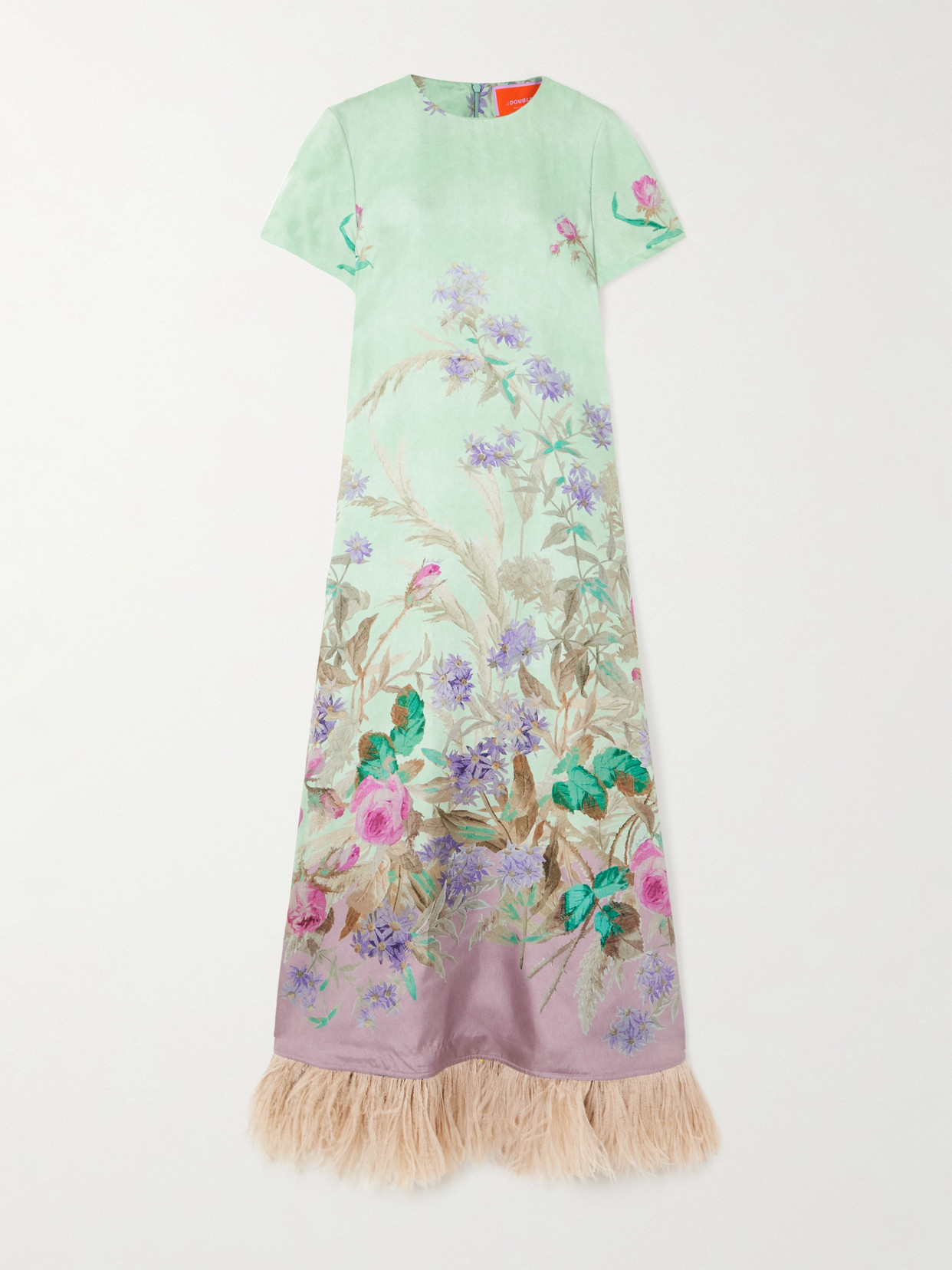 La Doublej Feather-trimmed Floral-print Silk-twill Maxi Dress In Green