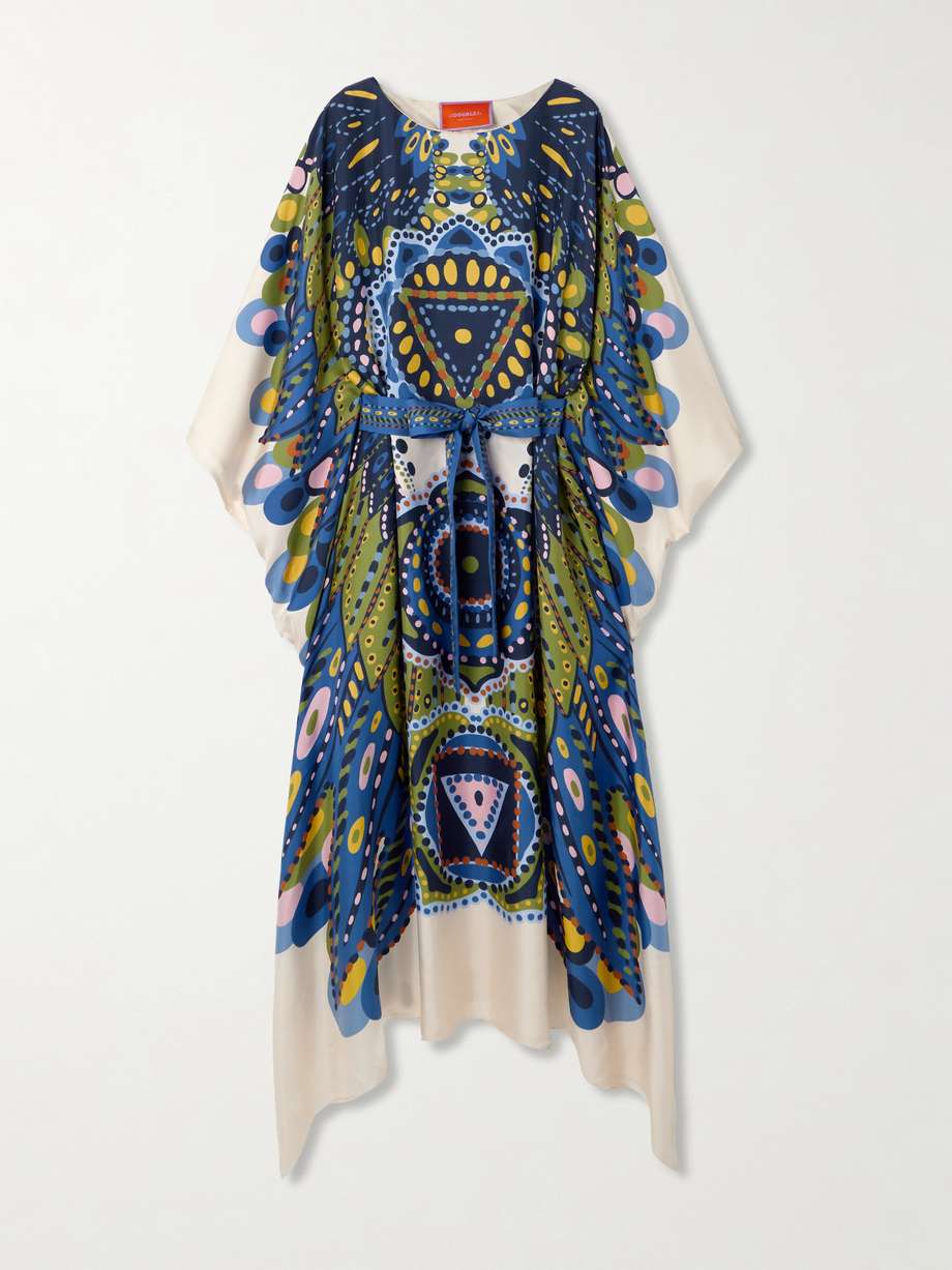 belted printed silk-twill kaftan