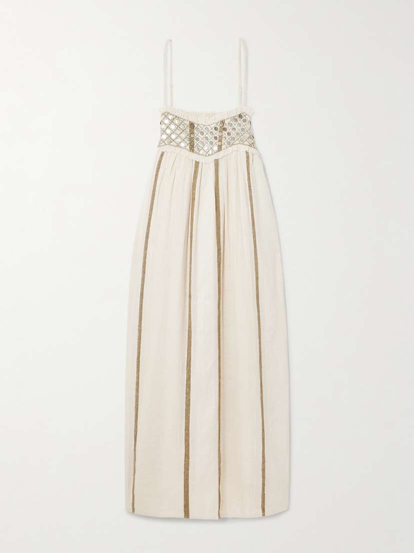 ALIX OF BOHEMIA Eden Frayed Embellished Striped Cotton-blend Gauze Midi Dress