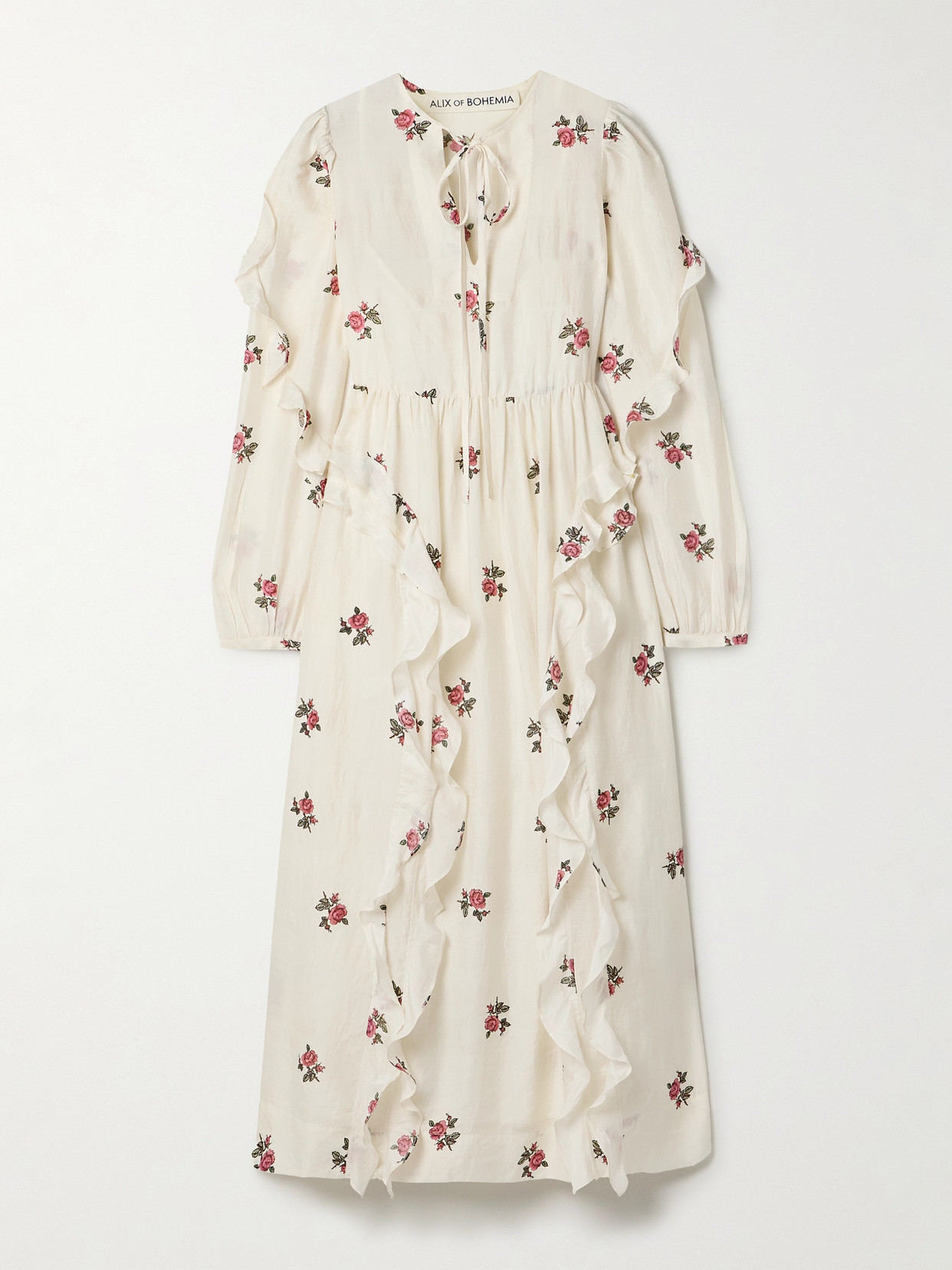 Alix Of Bohemia Lina Ruffled Floral-print Silk-voile Midi Dress In Ivory