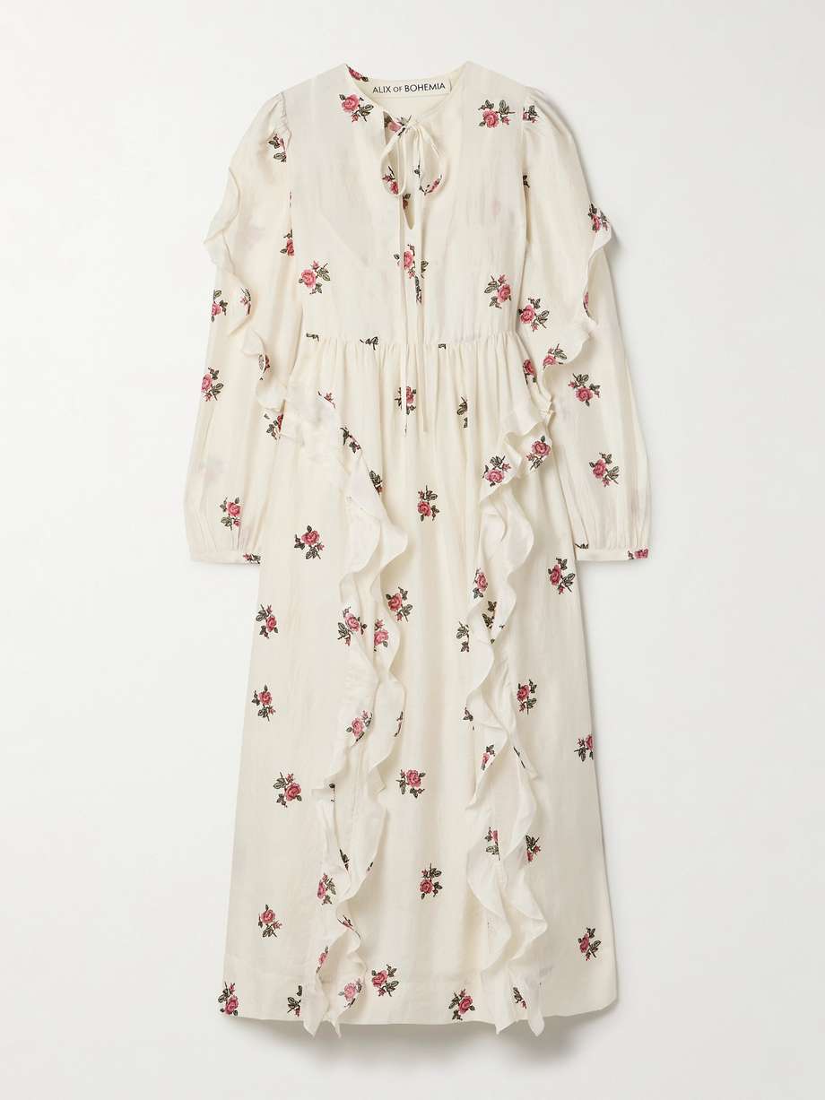 lina ruffled floral-print silk-voile midi dress