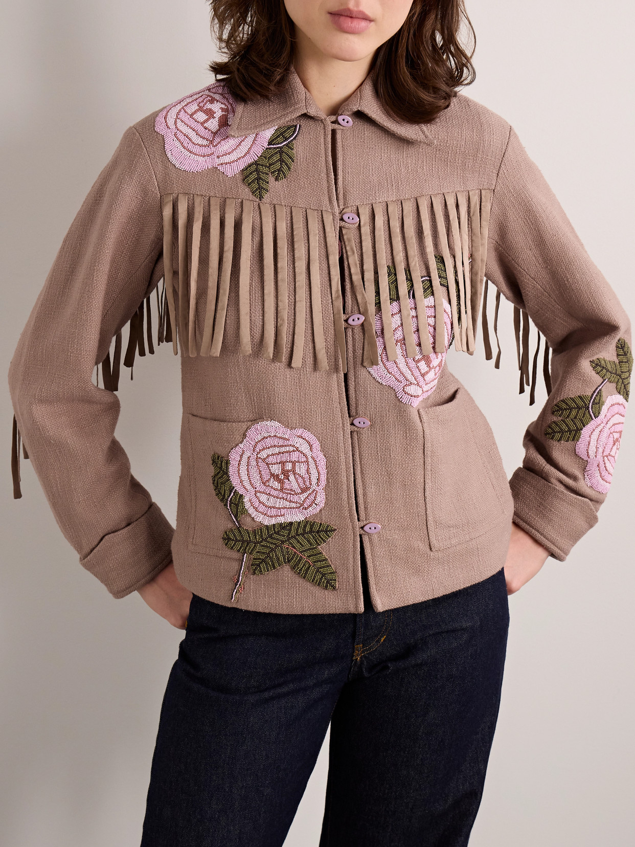 Alix Of Bohemia Jude Fringed Bead-embellished Cotton-canvas Jacket In Brown