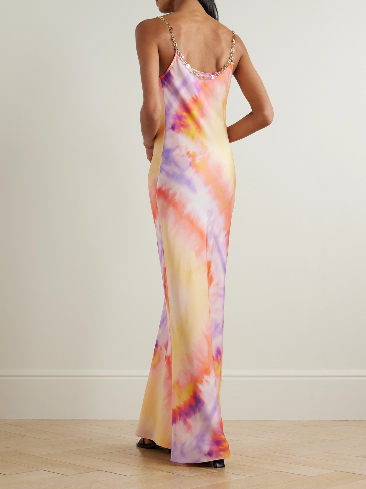 Rabanne Chainmail-embellished Tie-dyed Satin Maxi Dress In Orange