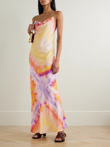 Rabanne Chainmail-embellished tie-dyed satin maxi dress