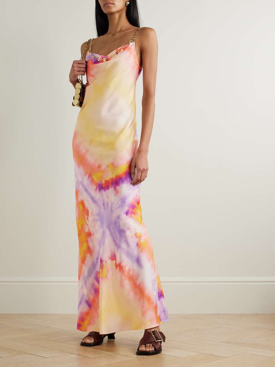 chainmail-embellished tie-dyed satin maxi dress