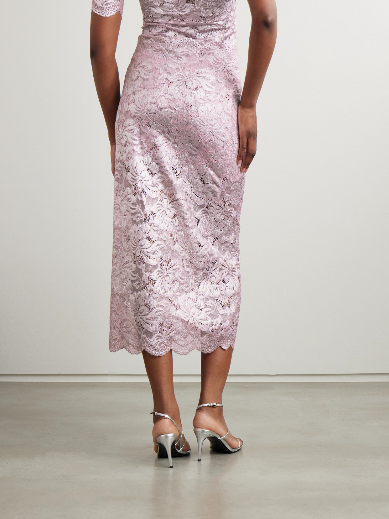 Shop Rabanne Scalloped Metallic Stretch-lace Midi Skirt In Pink