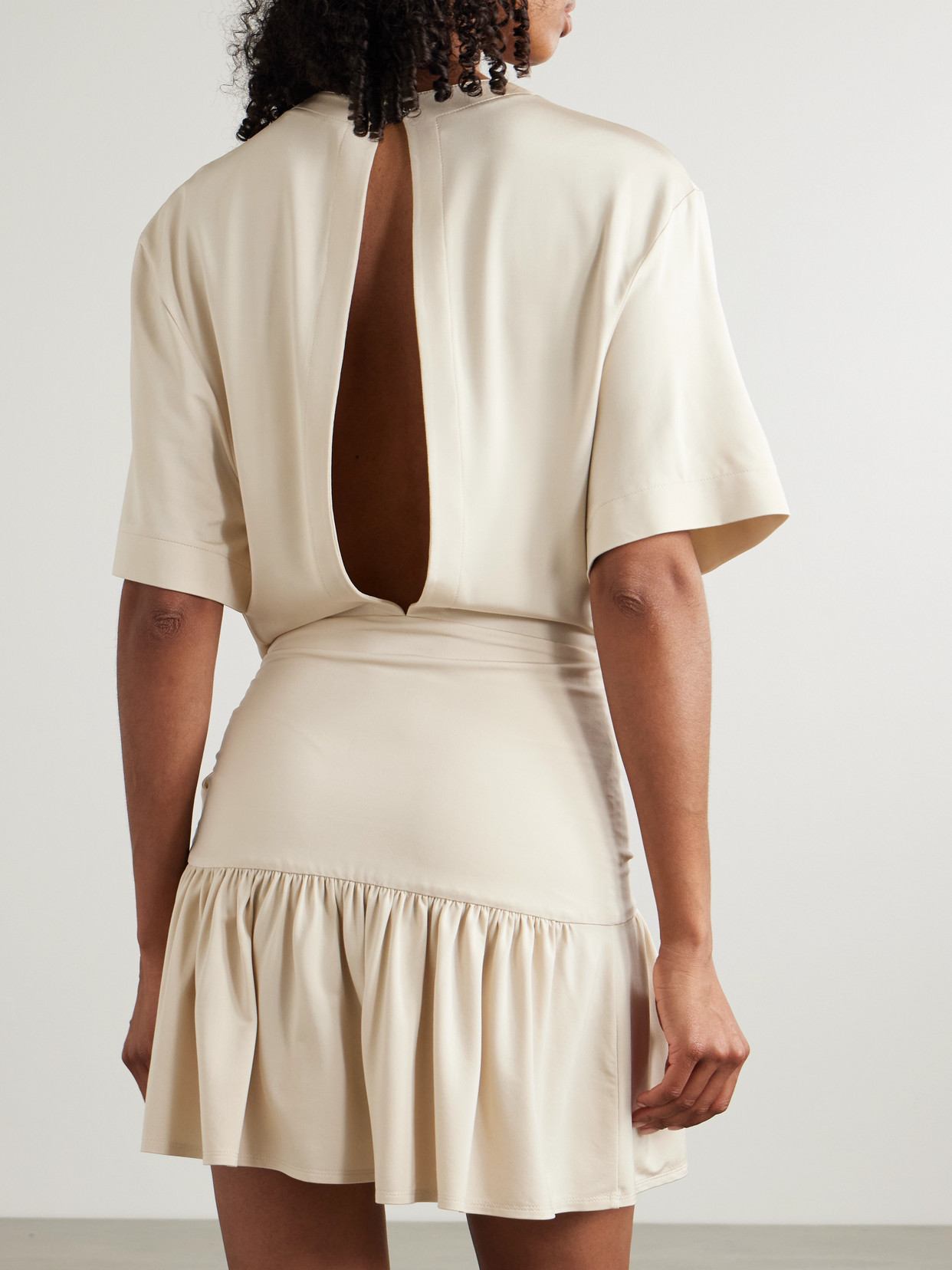 RABANNE ASYMMETRIC BOW-DETAILED GATHERED SATIN-JERSEY MINI DRESS