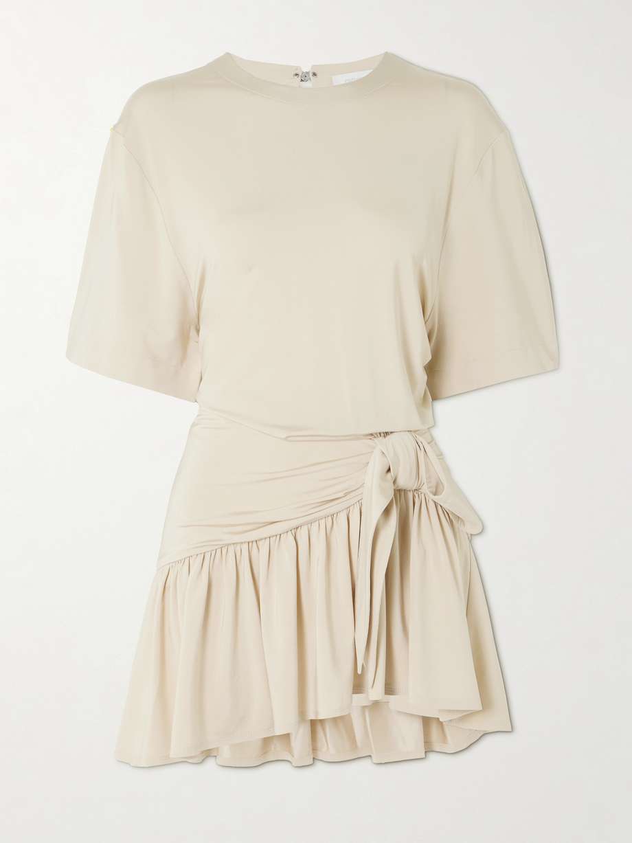 asymmetric bow-detailed gathered satin-jersey mini dress
