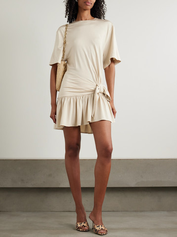 Rabanne Asymmetric bow-detailed gathered satin-jersey mini dress