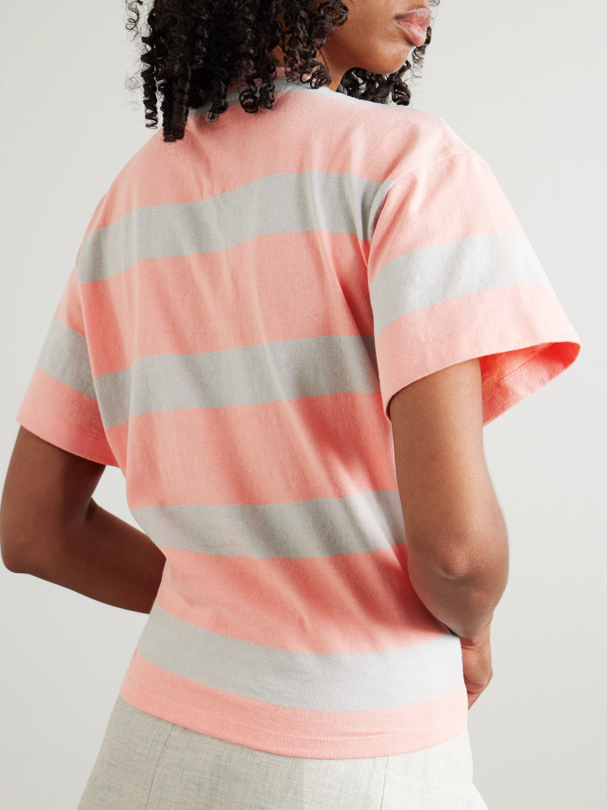 RABANNE EMBELLISHED GATHERED STRIPED COTTON-JERSEY T-SHIRT