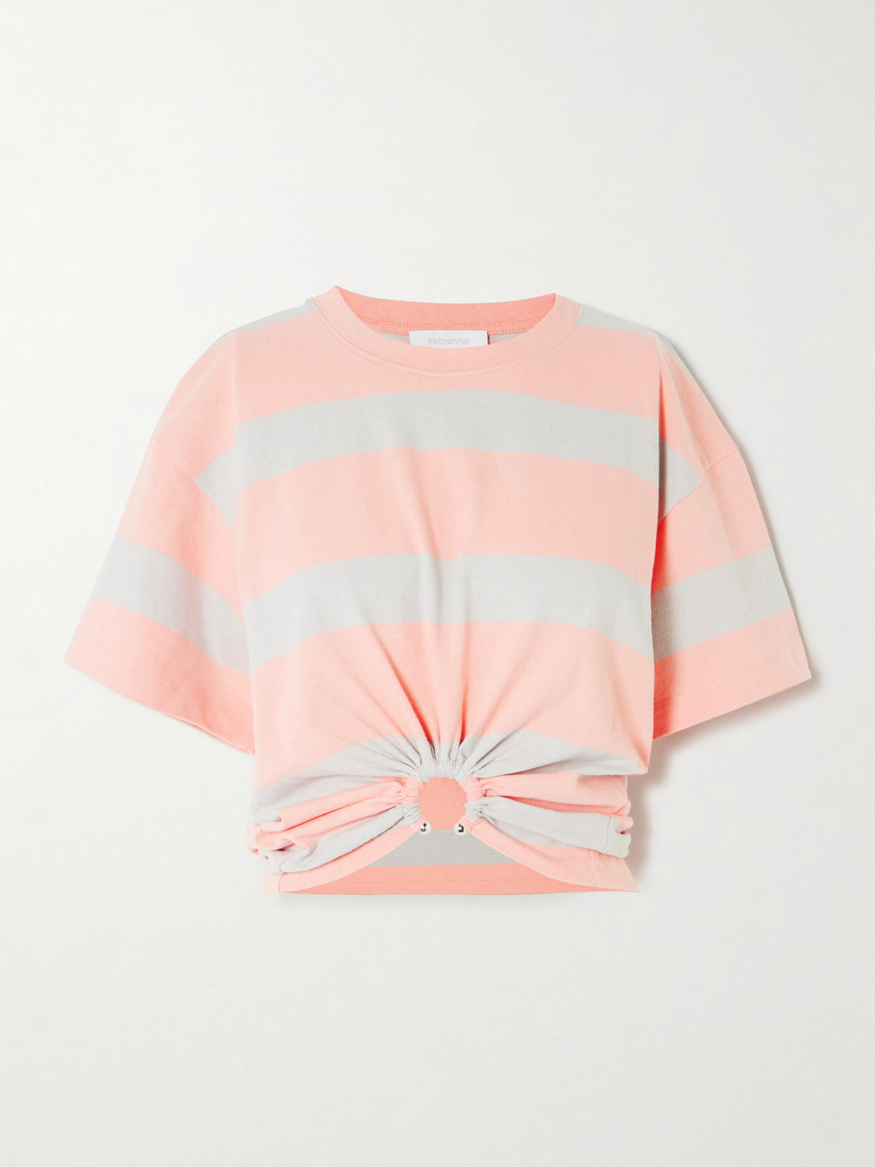 RABANNE EMBELLISHED GATHERED STRIPED COTTON-JERSEY T-SHIRT