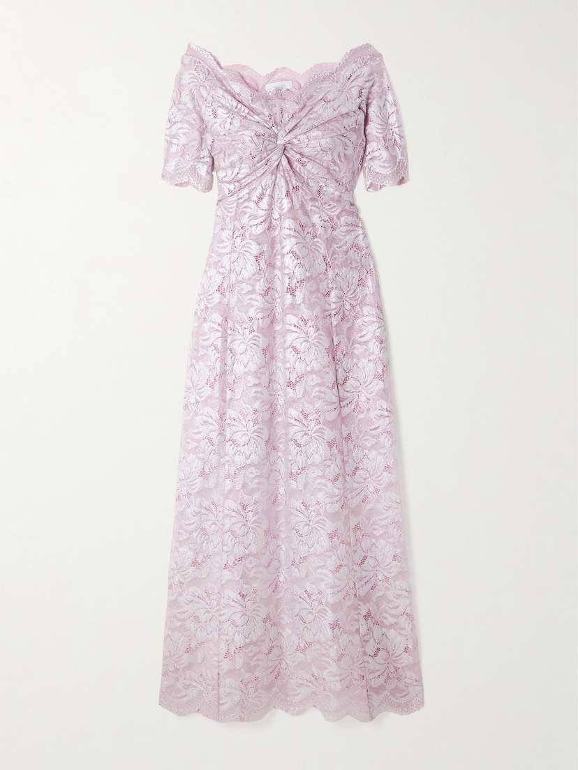 Rabanne Off-the-shoulder Twist-front Metallic Lace Maxi Dress