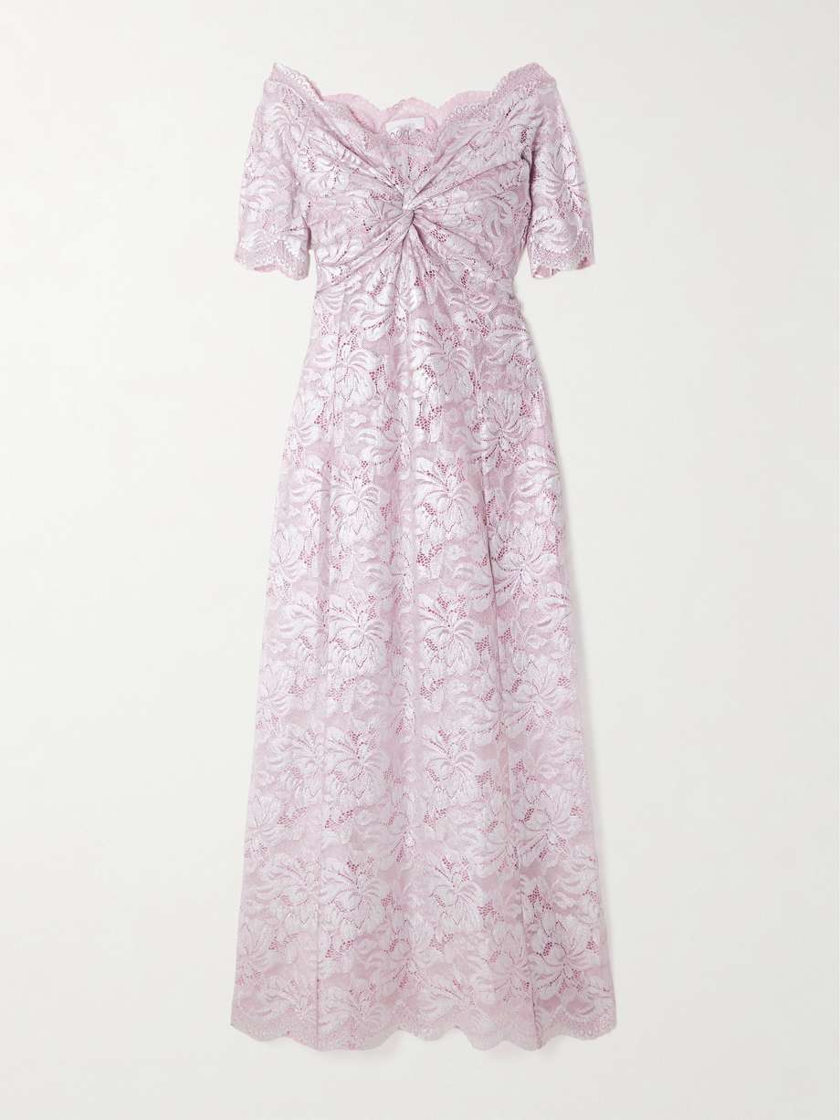 off-the-shoulder twist-front metallic lace maxi dress