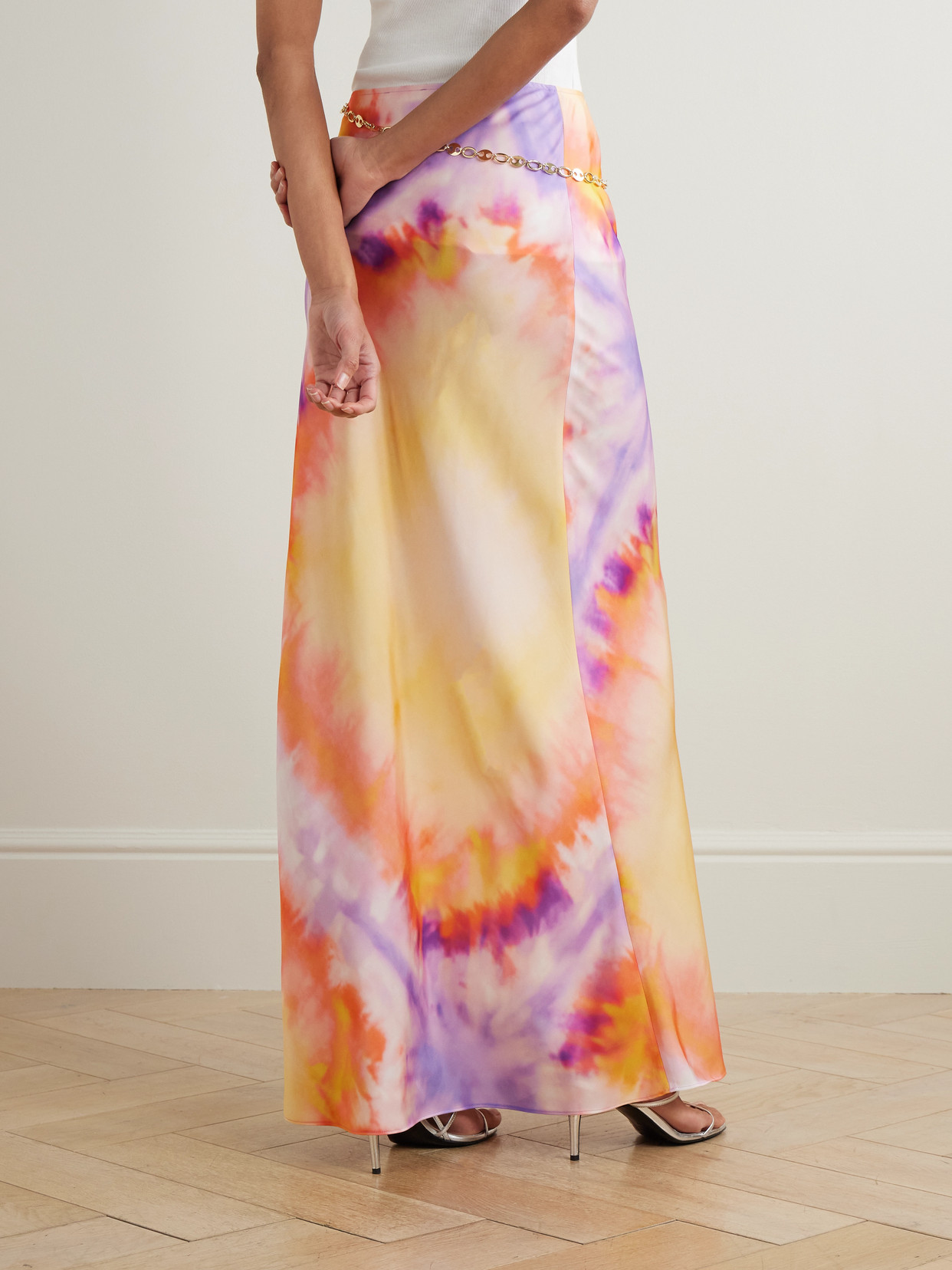 RABANNE CHAINMAIL-EMBELLISHED TIE-DYED SATIN MAXI SKIRT 