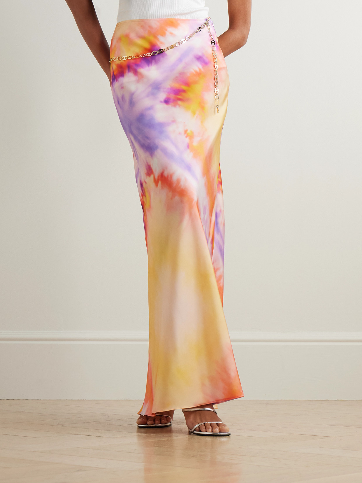 RABANNE CHAINMAIL-EMBELLISHED TIE-DYED SATIN MAXI SKIRT 