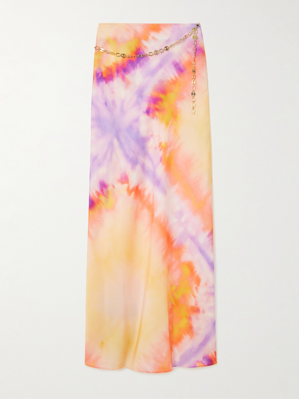 RABANNE CHAINMAIL-EMBELLISHED TIE-DYED SATIN MAXI SKIRT 
