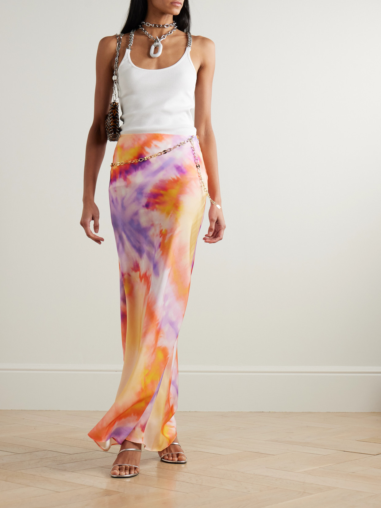 RABANNE CHAINMAIL-EMBELLISHED TIE-DYED SATIN MAXI SKIRT 