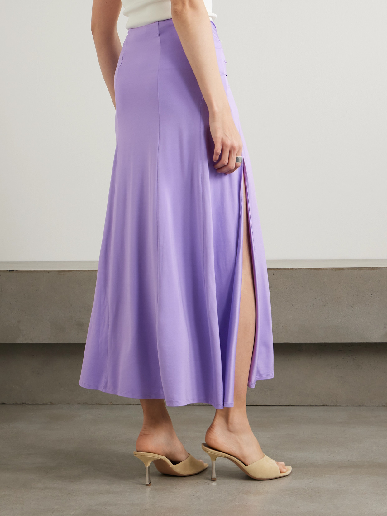 Shop Rabanne Knotted Gathered Stretch-jersey Maxi Skirt In Purple