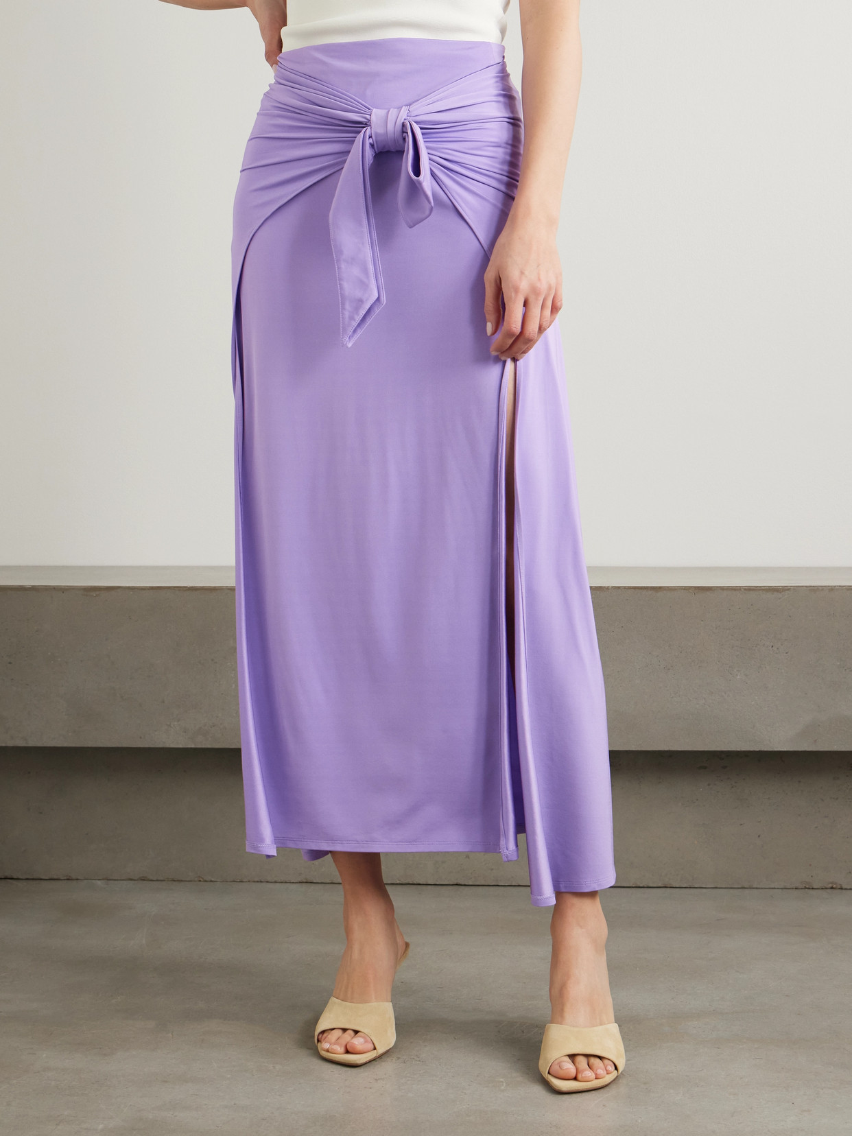 Shop Rabanne Knotted Gathered Stretch-jersey Maxi Skirt In Purple