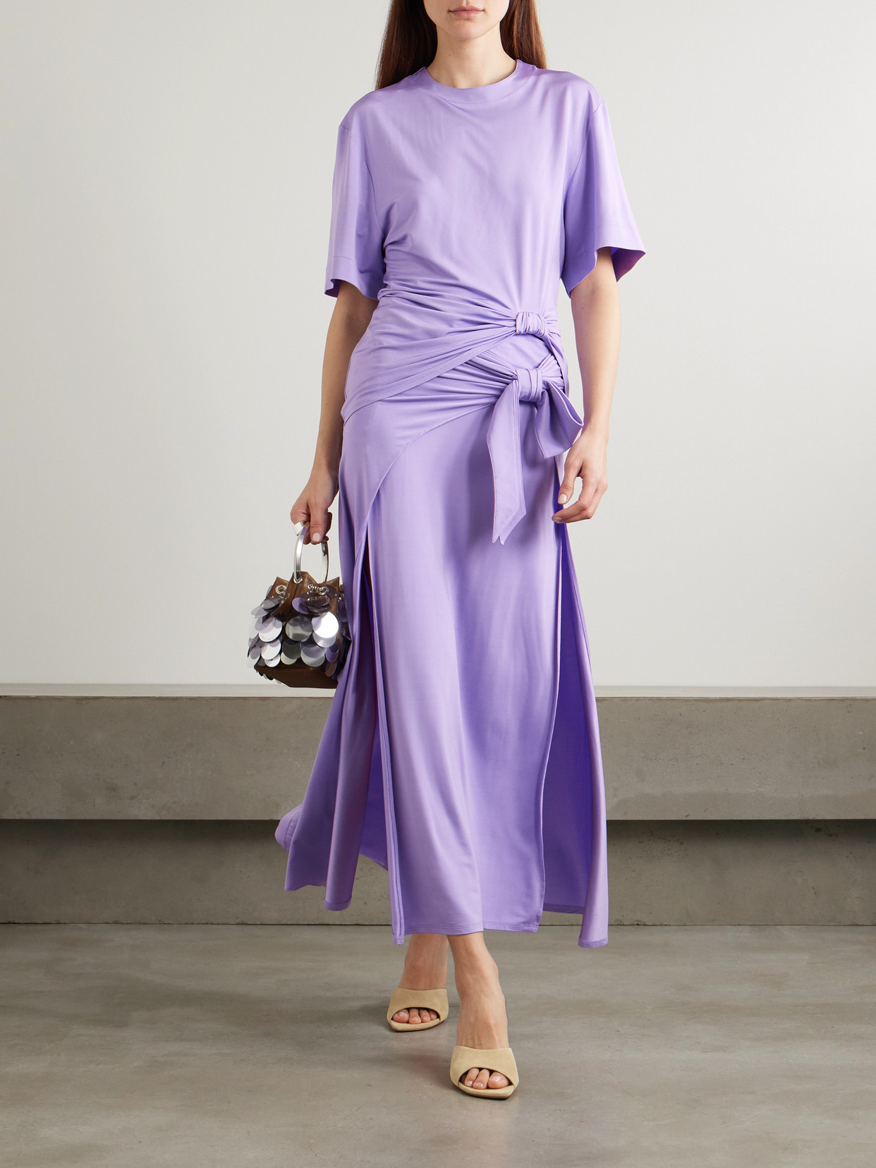 Shop Rabanne Knotted Gathered Stretch-jersey Maxi Skirt In Purple