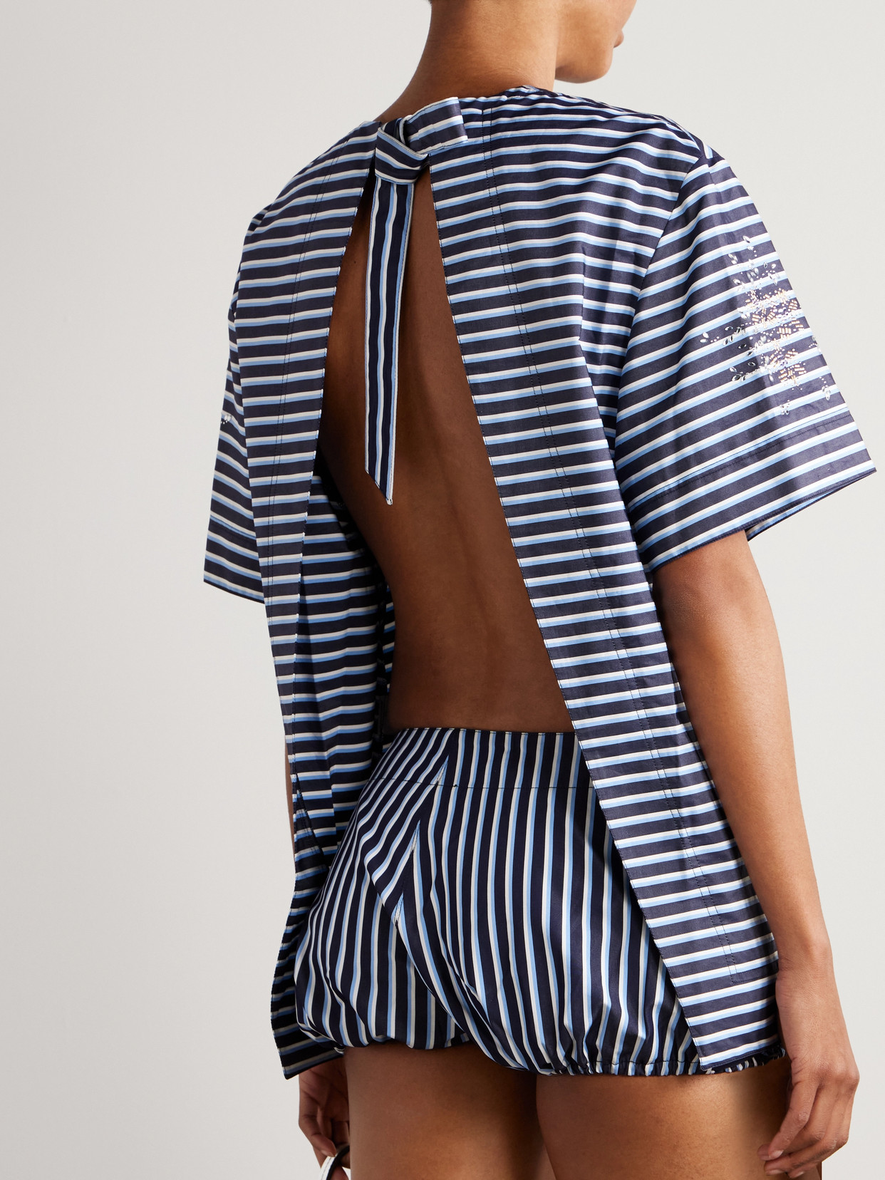 Shop Rabanne Open-back Embellished Striped Cotton-jersey T-shirt In Blue
